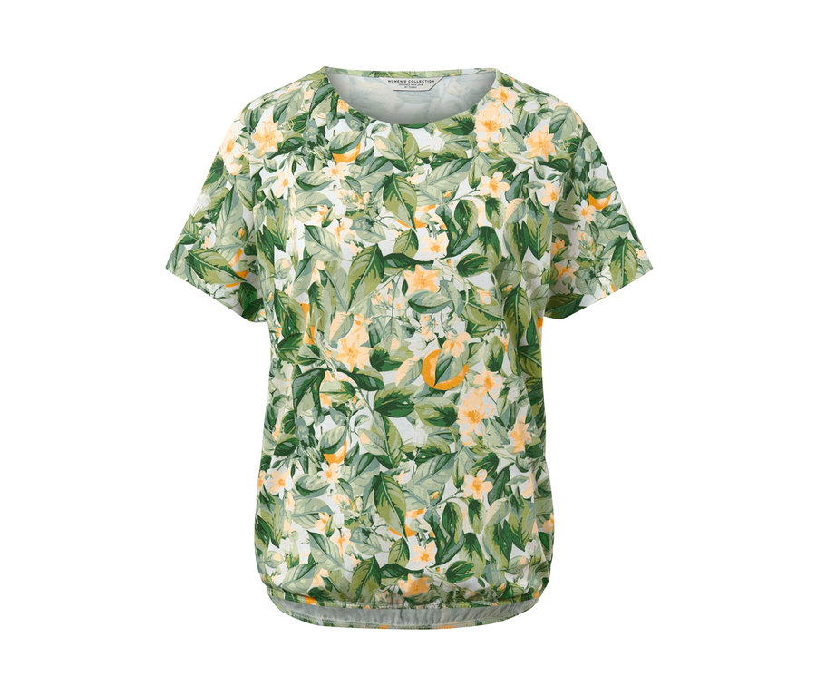 Ein bedrucktes Blusenshirt mit Blätter- und Blütenmuster.
