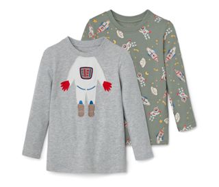 1x grau meliert mit Astronauten-Applikation, 1x khaki mit Outerspace-Alloverprint