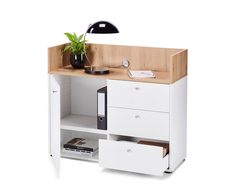 Ein Sideboard mit Schubladen und Tür, auf dem eine Lampe und eine Pflanze stehen.