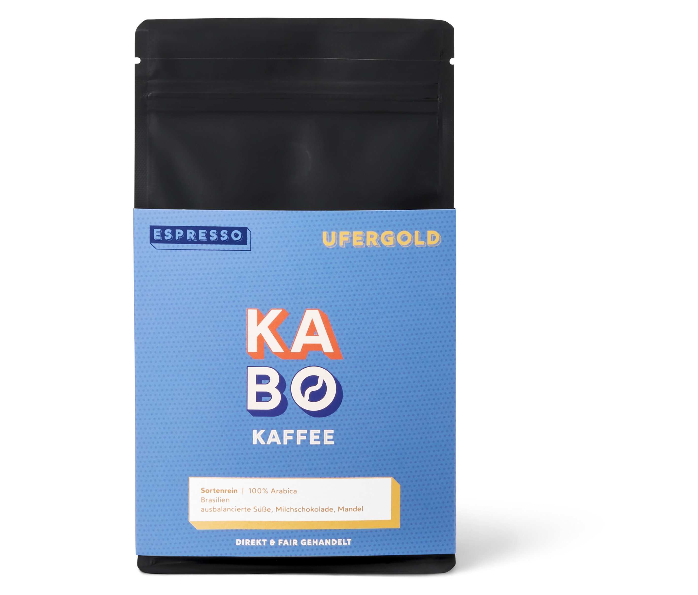 Eine Packung KABO - Ufergold Espresso - 250g Ganze Bohne auf weißem Hintergrund.