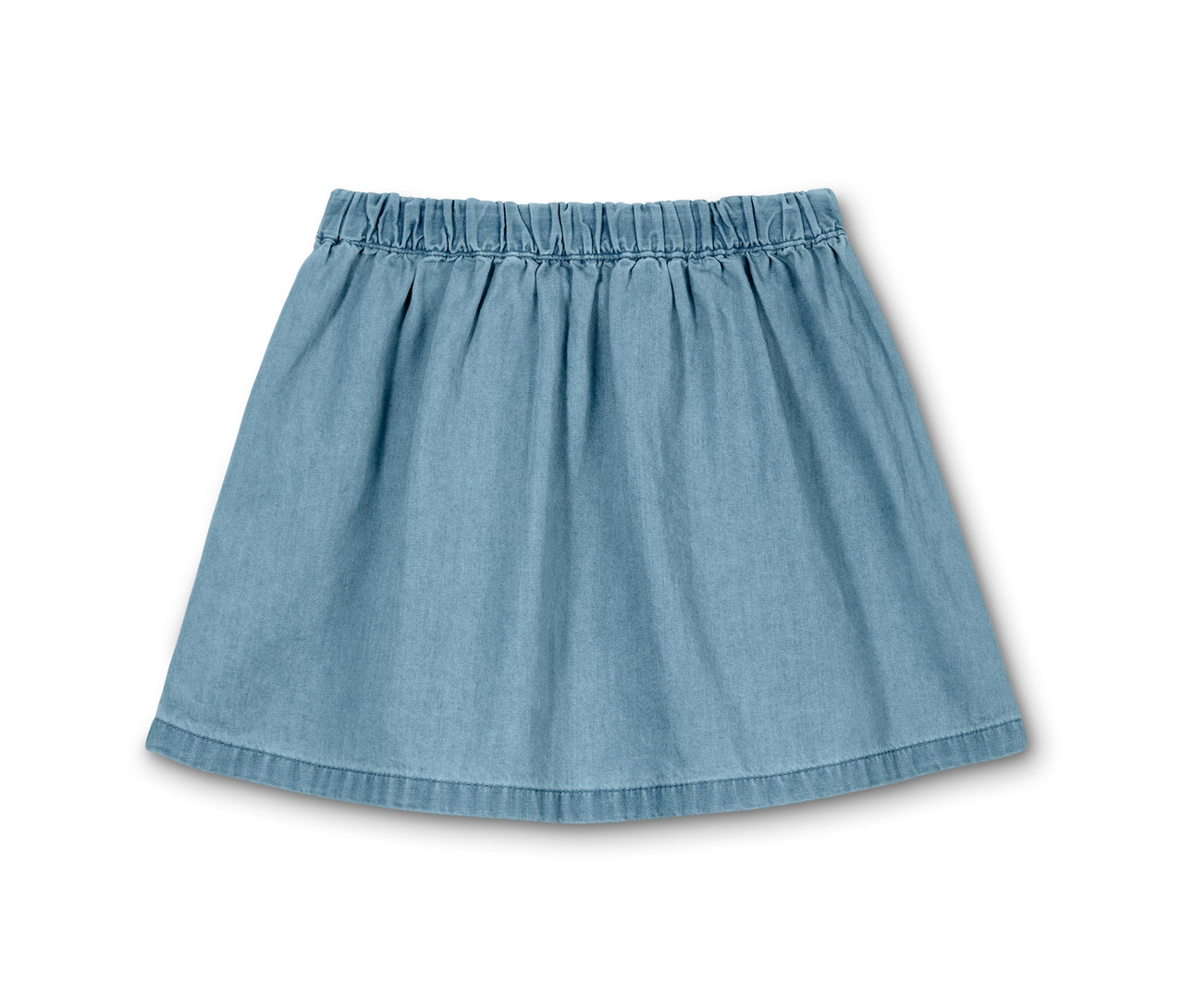 Ein Kinder-Denim-Rock mit elastischem Bund auf einem weißen Hintergrund.