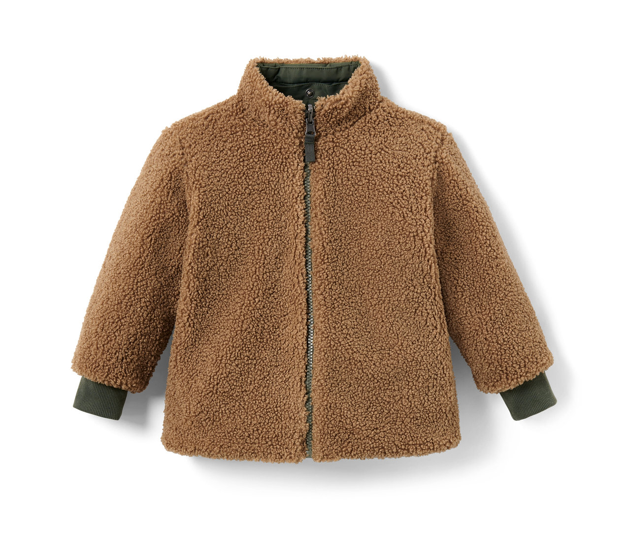 Braune Kinder-Wendejacke mit olivgrünen Details.