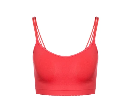 Ein korallfarbenes Seamless-Bustier mit Spitze.