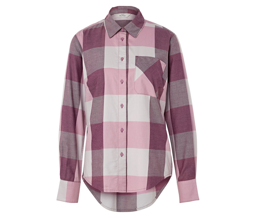 Ein langärmliges kariertes Hemd in Rosa- und Grautönen.