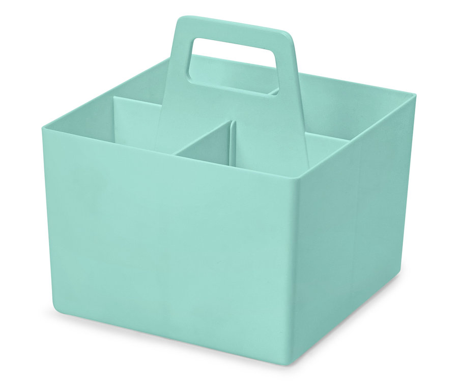 Ein hellblauer Aufbewahrungsbehälter aus Plastik mit Griff und vier Fächern.