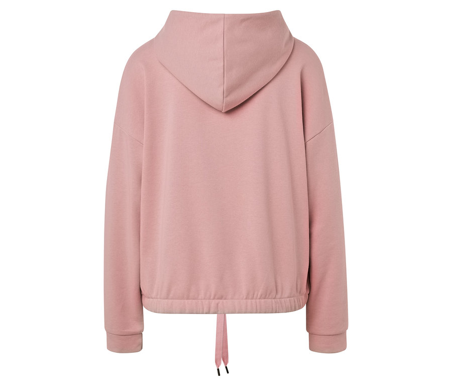 Rückansicht eines rosa Kapuzenpullovers mit Kordelzug.