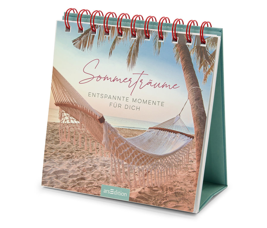 Nahaufnahme des Tisch-Aufstellers »Sommerträume« mit Strandmotiv.