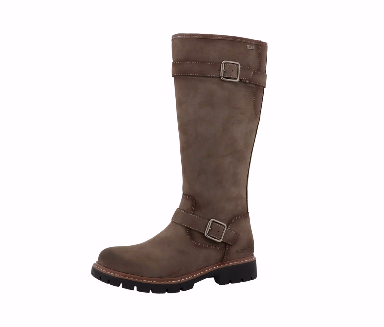 Brauner Tom Tailor Stiefel mit Schnallen auf einem weißen Hintergrund.