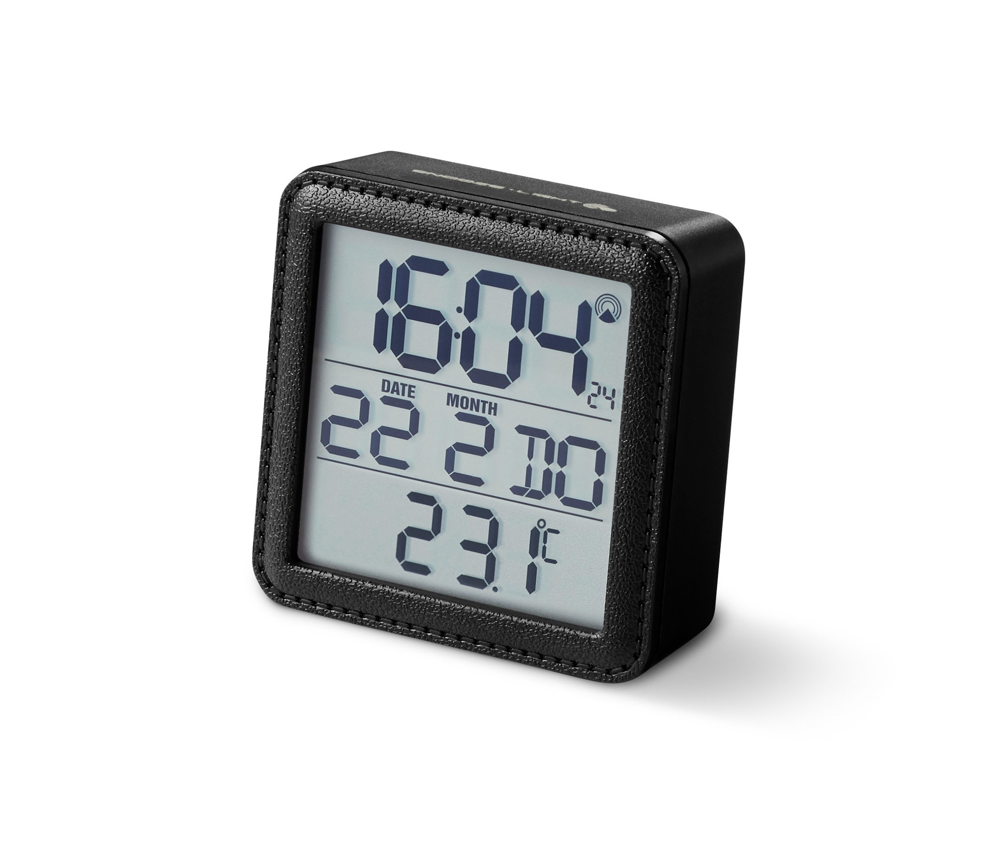 Ein schwarzer Digitaler Funkwecker zeigt Zeit, Datum und Temperatur.