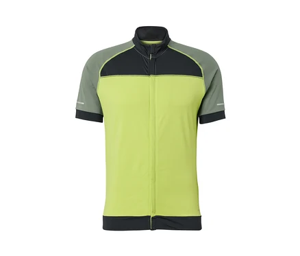 Gelbes Fahrrad-Trikot mit kurzen Ärmeln, Reißverschluss und schwarzen Akzenten.