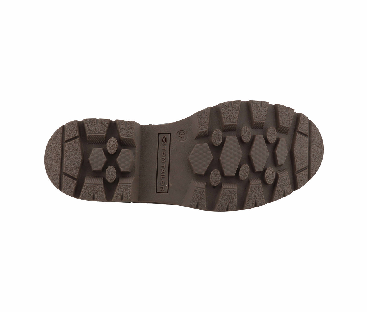 Braune Tom Tailor Schuhsohle mit grobem Profil.
