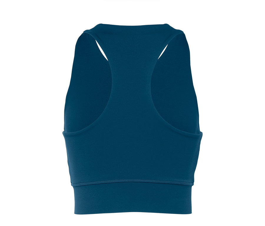 Detailaufnahme eines blauen Sport-BHs mit Ringerrücken.