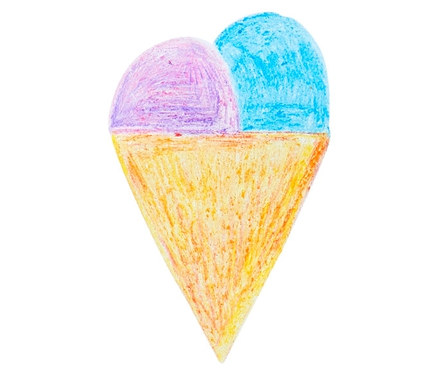 Eine Zeichnung einer Eistüte mit zwei Kugeln Eis, gezeichnet mit 6 Konfetti-Wachsstiften.