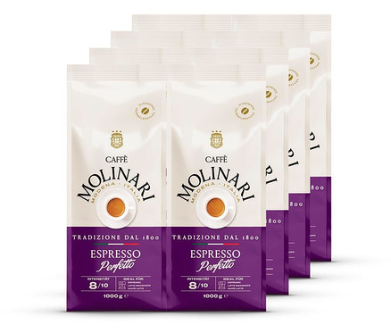 Vier Packungen Caffè Molinari Espresso Perfetto - 8x 1 kg Ganze Bohne.