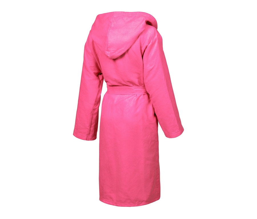 Rückansicht des arena Kinder-Mikrofaser-Bademantels Zeal, pink, mit Kapuze und Gürtel.