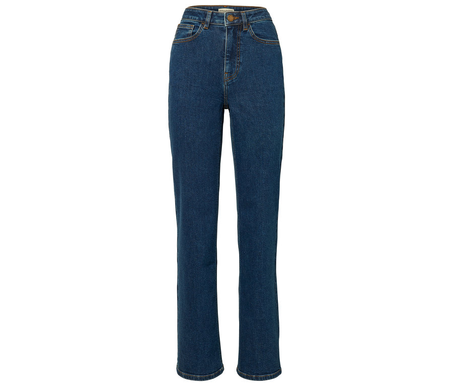 Blaue High-Waist-Jeans.