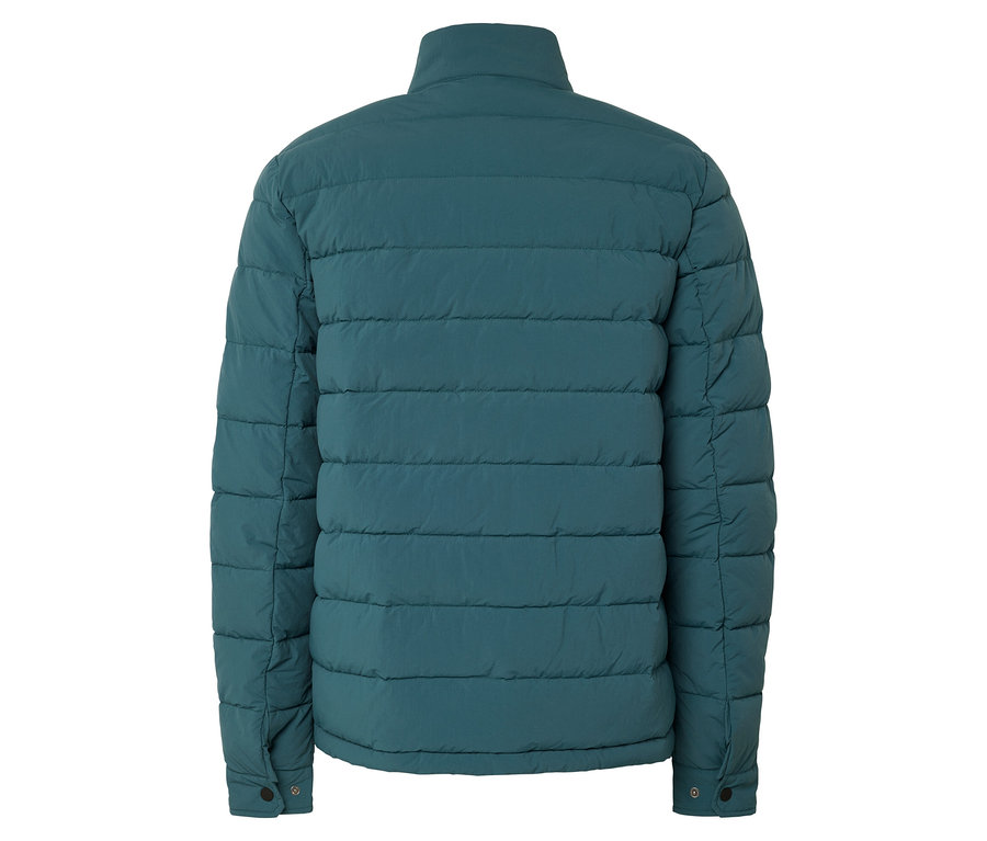 Detail der Rückseite einer gesteppten Jacke in Blaugrün.