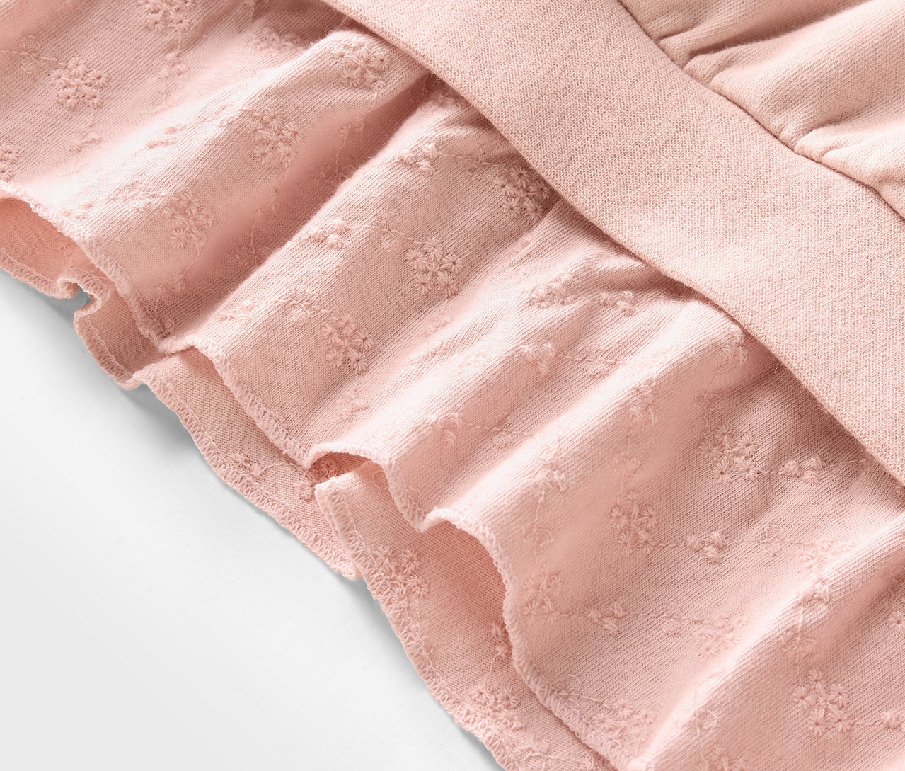 Detailaufnahme eines rosa Stoffes mit Rüschen und zartem Muster.