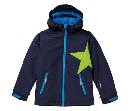 Marinefarbene JAKO-O Schneejacke mit Kapuze und grünem Stern auf der Vorderseite.