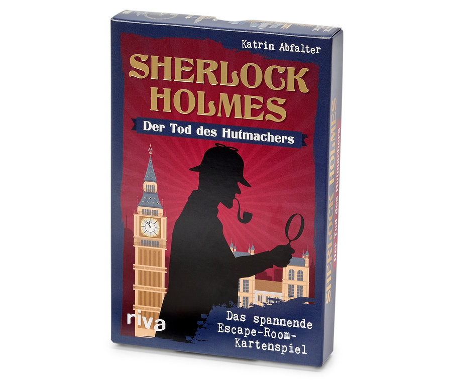 Ein Kartenspiel namens Sherlock Holmes: Der Tod des Hutmachers. Auf der Schachtel ist eine Silhouette von Sherlock Holmes mit Pfeife und Lupe vor dem Parlamentsgebäude abgebildet.