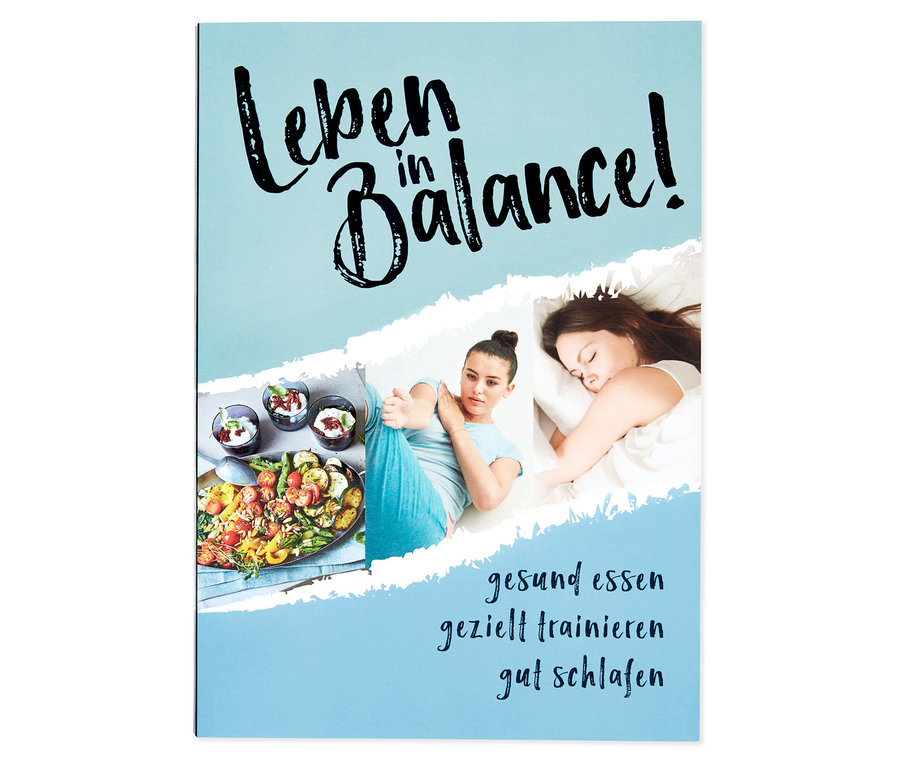 Cover des Buchs »Leben in Balance« mit einer Frau beim Yoga, einer schlafenden Frau und gesundem Essen.