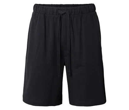 Schwarze Shorts mit Kordelzug auf weißem Hintergrund.