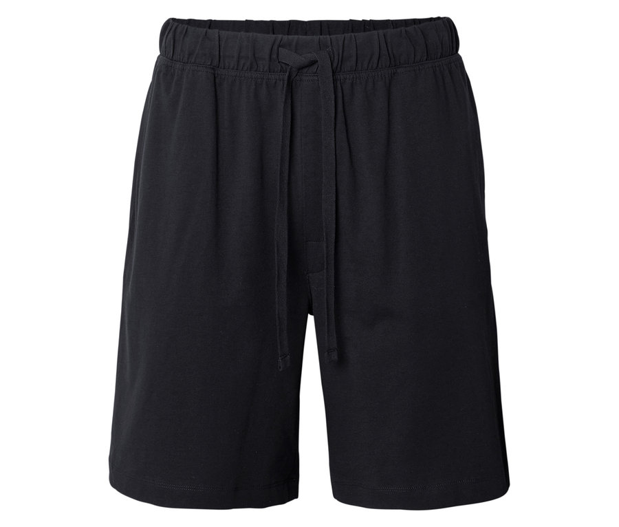 Schwarze Shorts mit Kordelzug auf weißem Hintergrund.