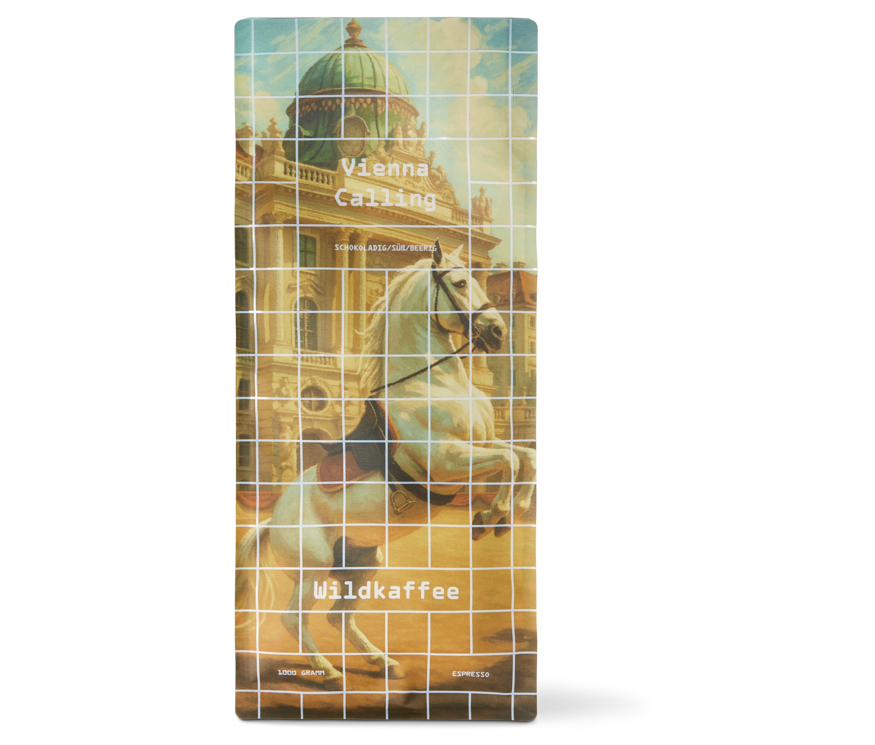 Rechteckige Packung Wildkaffee - Vienna Calling Espresso - 1 kg Ganze Bohne mit Abbildung eines weißen Pferdes vor Schloss Schönbrunn.
