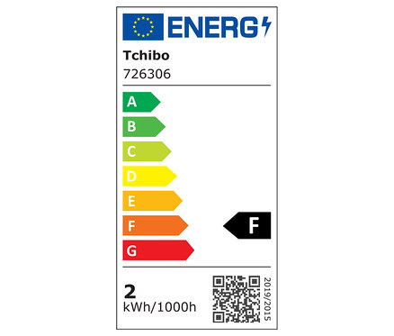 Energieetikett von Tchibo, Modell 726306, mit Energieeffizienzklasse F und einem Verbrauch von 2 kWh/1000h.