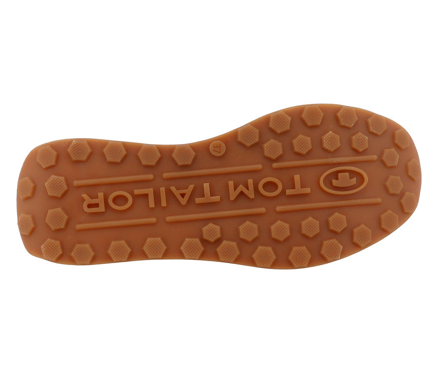 Die Sohle eines Tom Tailor Schuhs mit dem Tom Tailor Logo und einem Hexagonmuster.