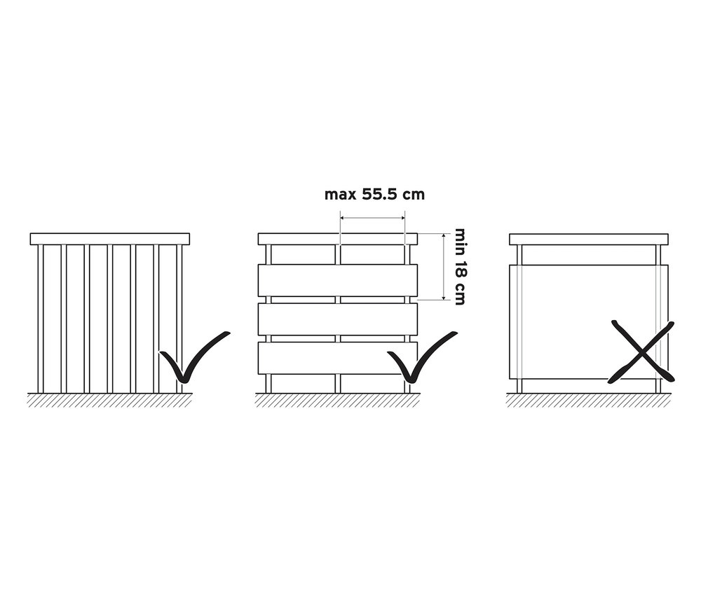 Illustration zeigt drei verschiedene Zaunarten mit einem Häkchen unter den ersten beiden und einem X unter dem dritten.