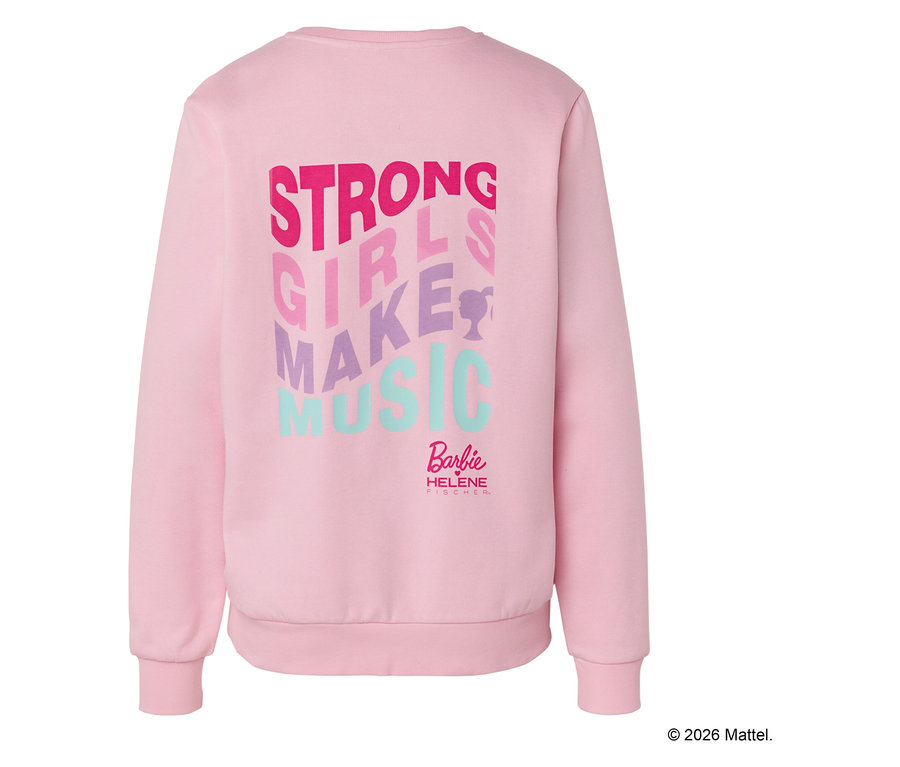 Rückansicht eines rosa Sweatshirts mit der Aufschrift "Strong Girls Make Music" in verschiedenen Farben.