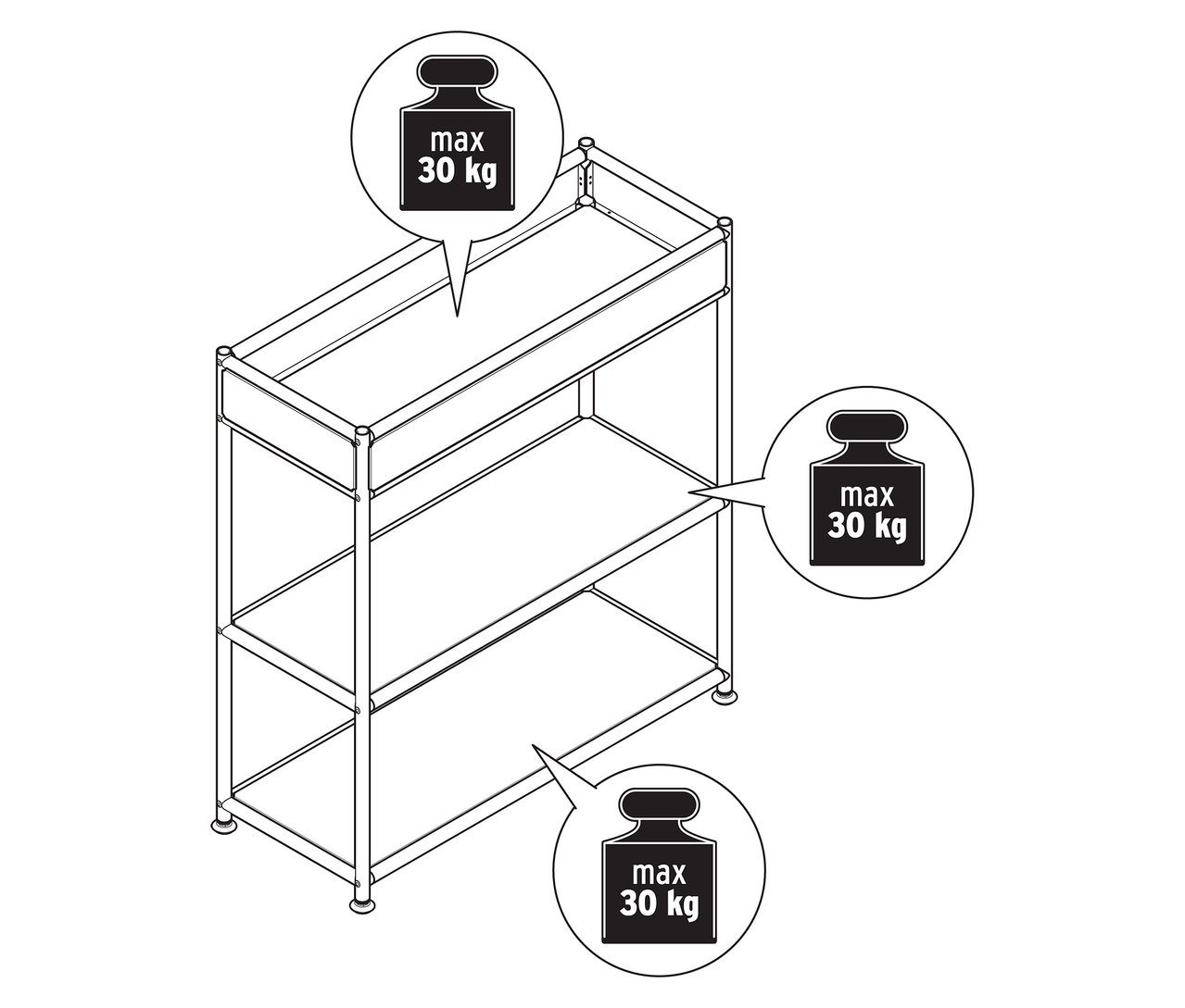 Drei-stöckige Metall-Konsole »CN3 Slim Line« mit Ablage. An jeder Ablage ist ein Hinweis auf die maximale Belastung von 30 kg.