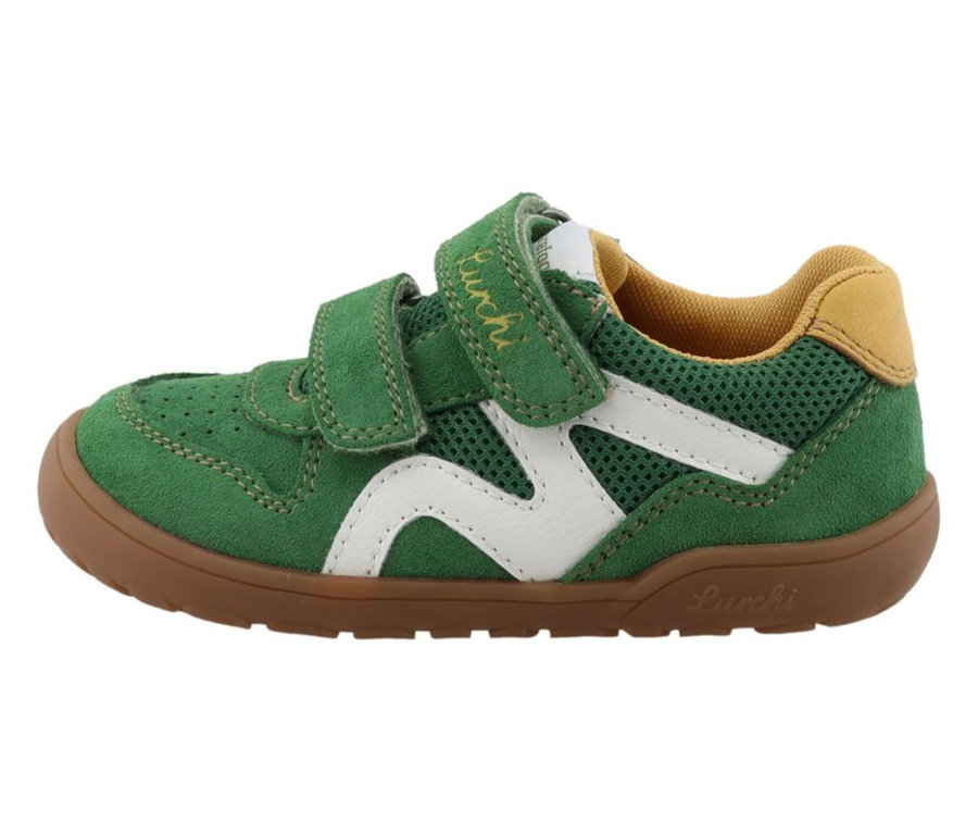 Ein einzelner grüner LURCHI Jamin Barefoot Schuh mit weißem Zickzack-Muster und brauner Sohle.