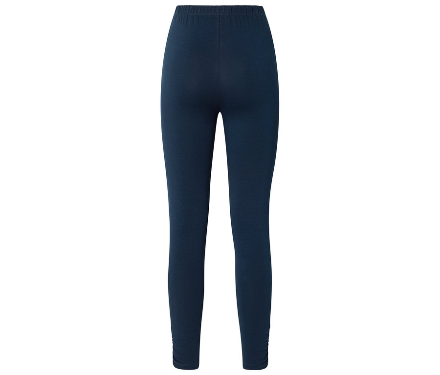 Dunkelblaue Leggings mit elastischem Bund und gerafften Bündchen, von hinten fotografiert.