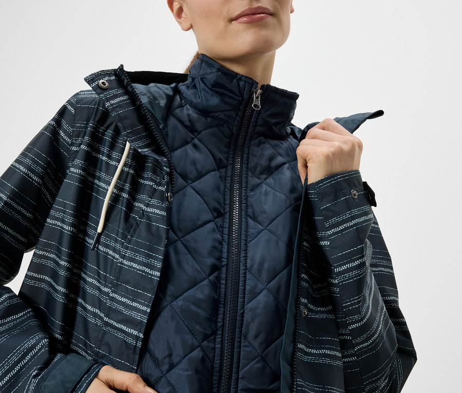 Frau mit marineblauer Steppjacke unter einer offenen, gestreiften Regenjacke mit Kapuze.