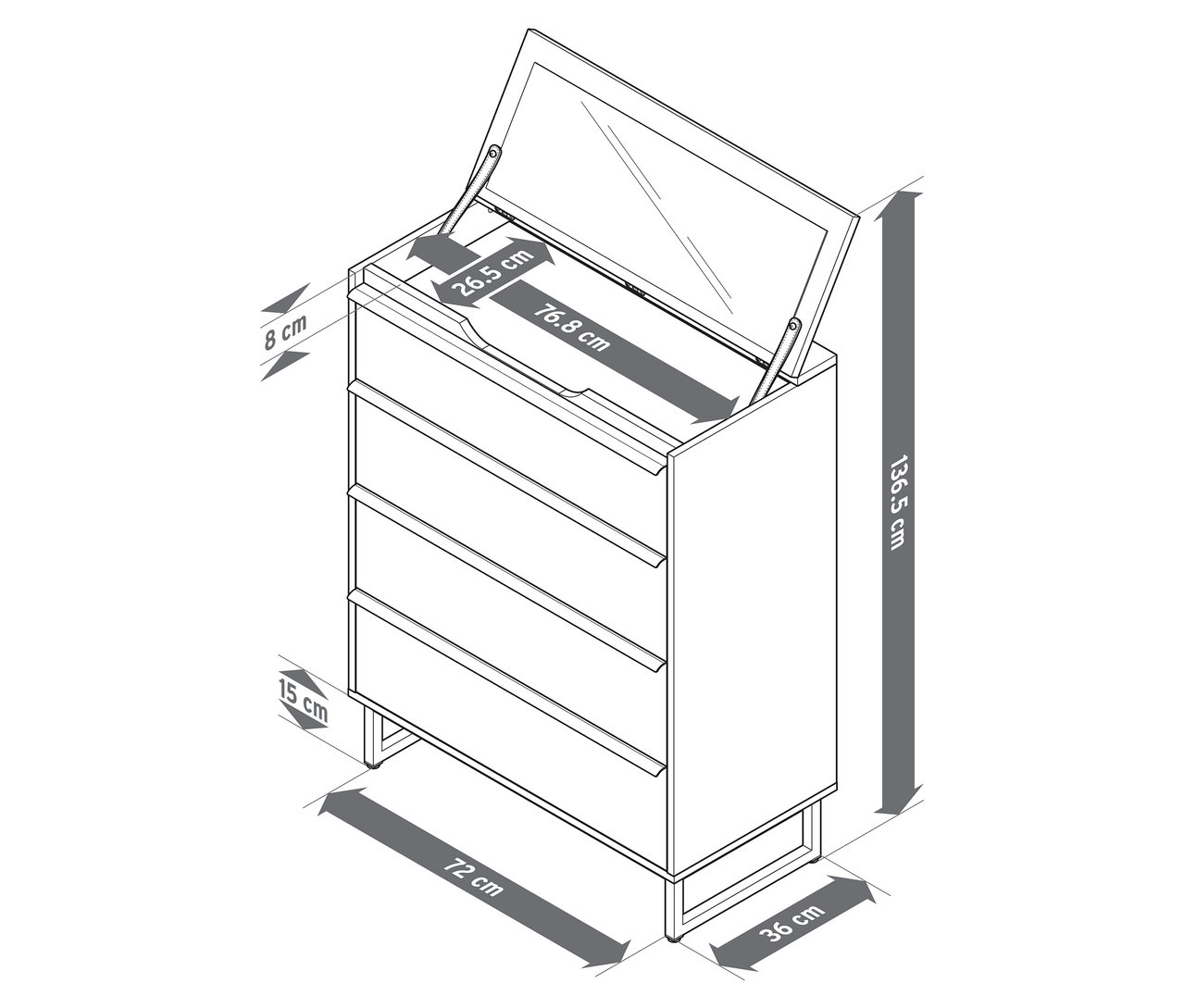 Skizze einer Kommode »LEEG« mit 4 Schubladen und Spiegel, mit Maßangaben.