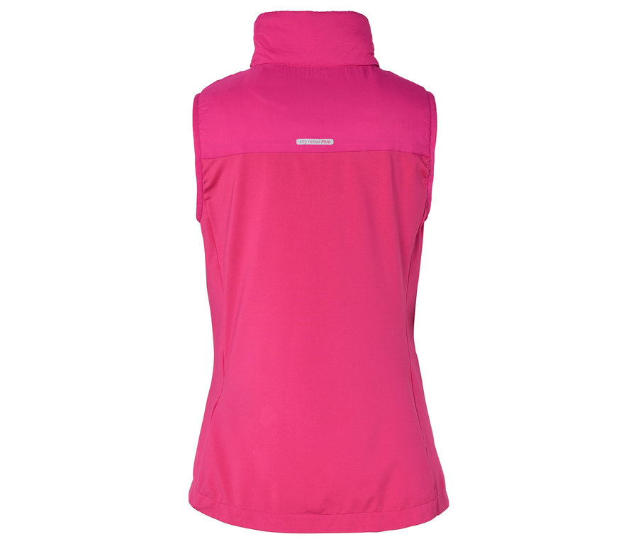 Rückansicht einer pinkfarbenen, ärmellosen Weste mit hohem Kragen.