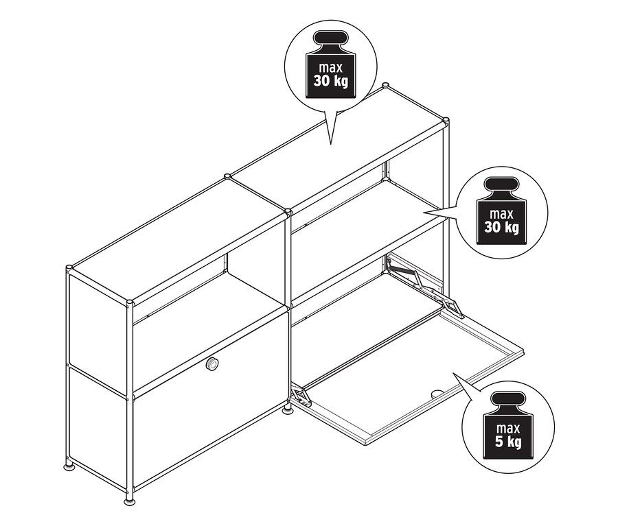 Draufsicht eines Metall-Sideboards »CN3 Slim Line« mit zwei versetzbaren Klappenfächern, eines davon geöffnet.