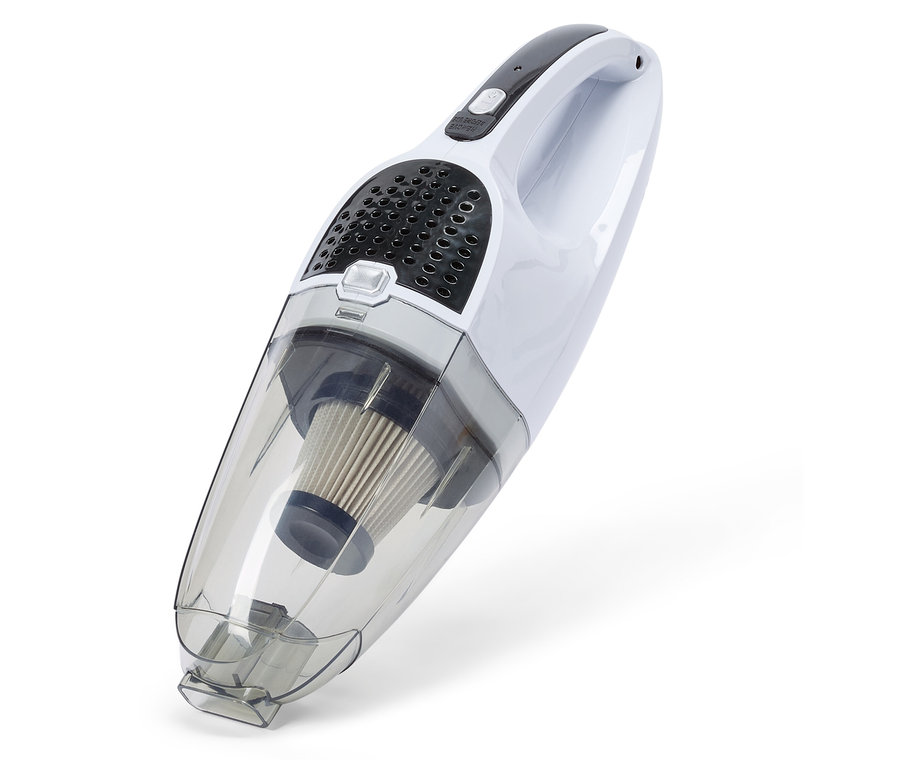 Weißer Handstaubsauger mit transparentem Staubbehälter und Filter auf weißem Hintergrund.