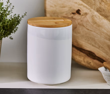 Weiße Kaffeedose aus Keramik mit Holzdeckel, 500g.