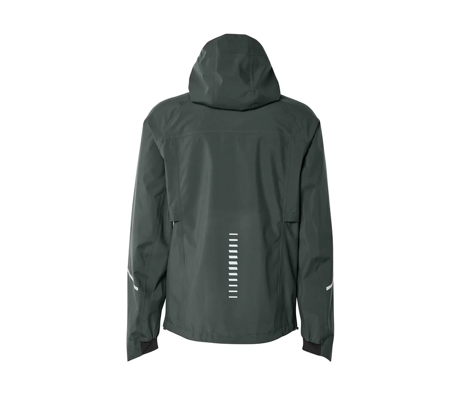 Dunkelgraue Jacke mit Kapuze, von hinten gesehen, mit vertikalen und diagonalen reflektierenden Streifen.