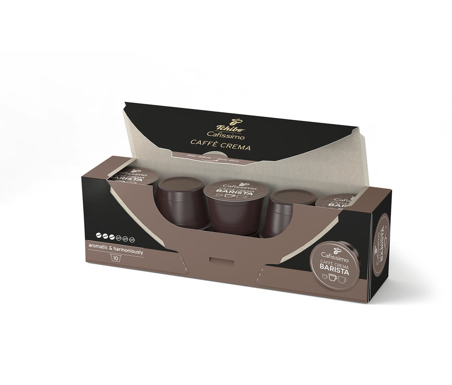 Eine geöffnete Packung Cafissimo BARISTA Caffè Crema Kapseln, 10 Stück sichtbar.