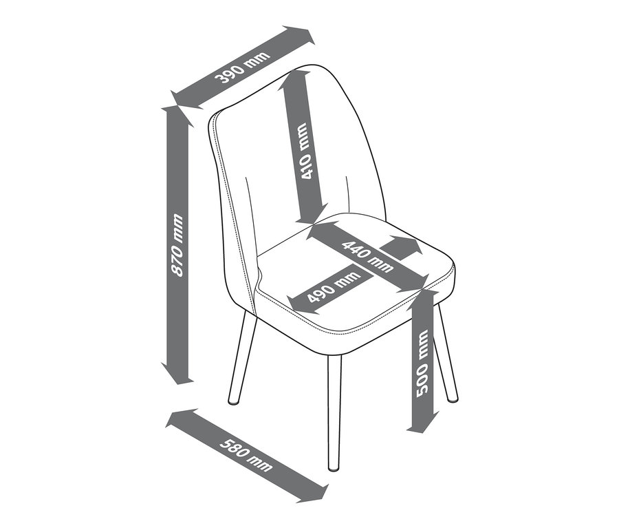 Abmessungen des gepolsterten Esszimmer-Stuhls.