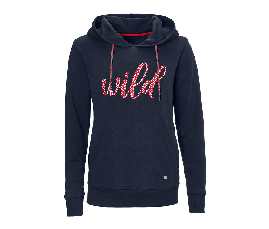 Marineblaues Kapuzensweatshirt mit rotem "Wild"-Text-Print.
