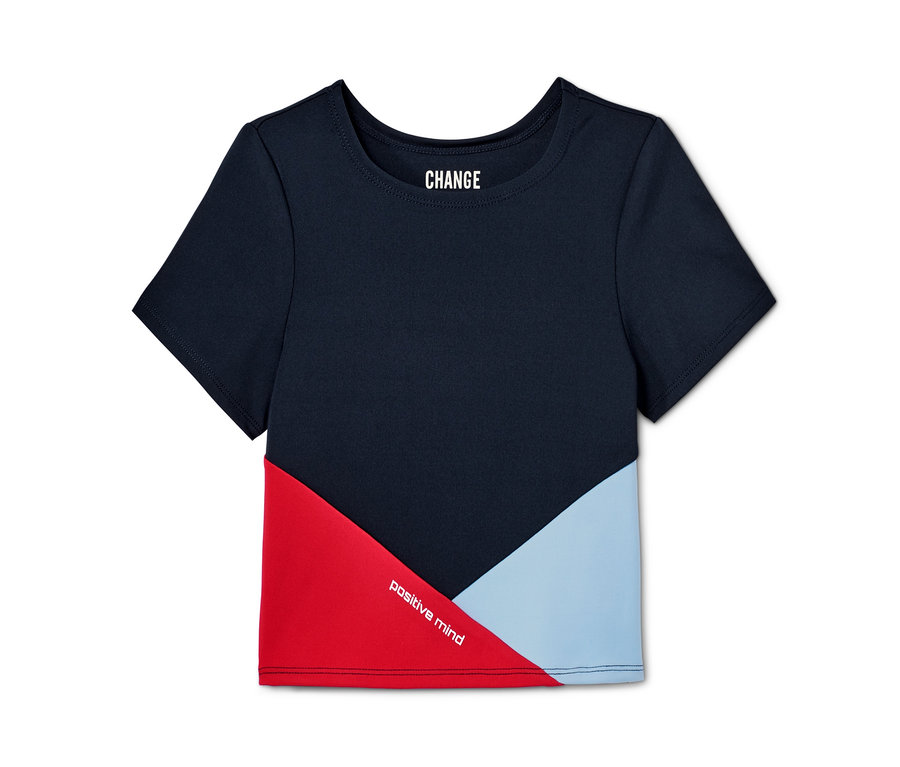 Marineblaues Mädchen Cropped-Funktionsshirt mit "CHANGE"- und "positive mind"-Schriftzug.