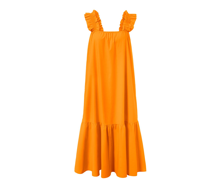 Orangefarbenes Popeline-Kleid mit Rüschen an den Trägern.