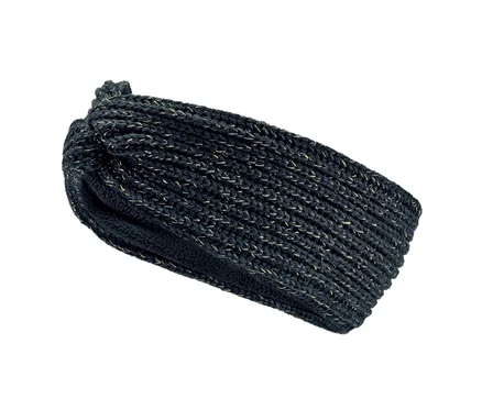 Ein Kinder-Strickstirnband in Schwarz und Gold.