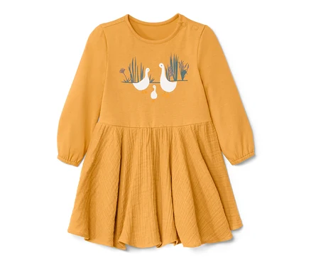 Gelbes Baby-Webkleid mit Gänse-Print.