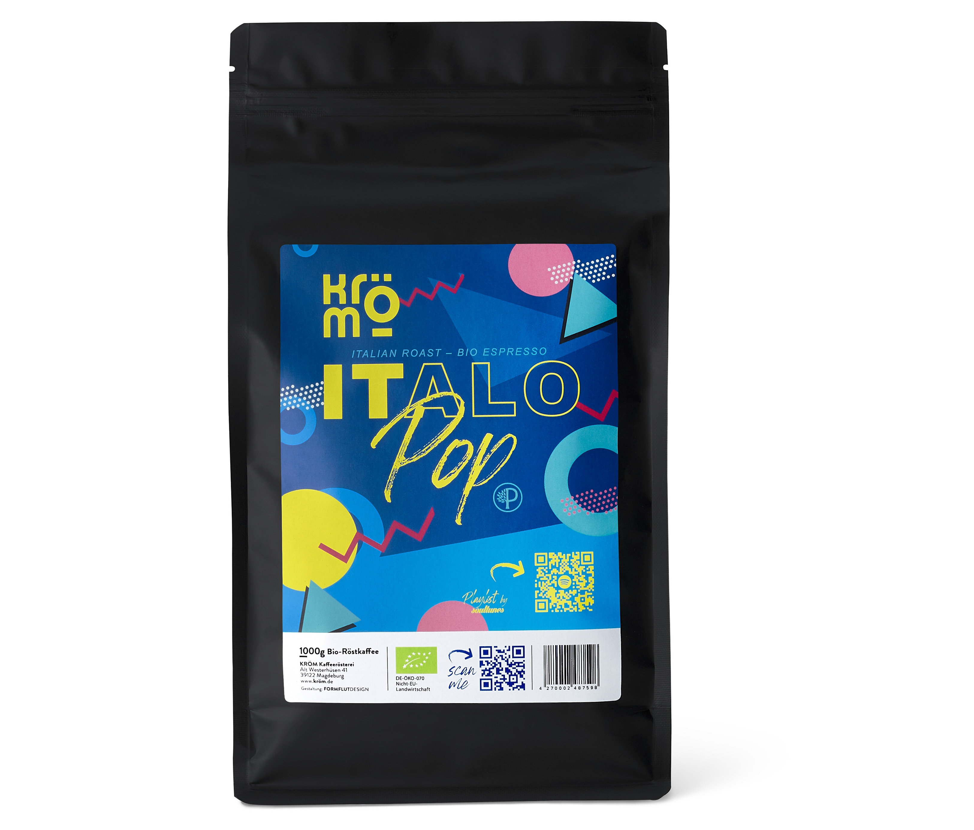 Schwarze Packung BIO KR Italo Pop ES/CC 1000g WB Kaffee mit farbigem Design.